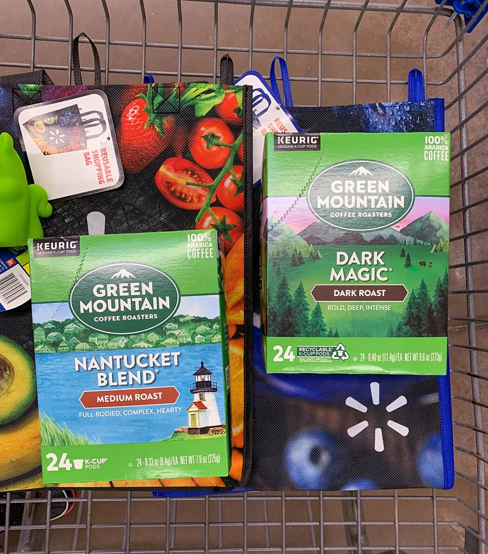 Green Mountain boxes in the Walmart cart.