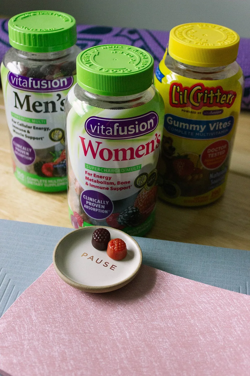 Vitafusion vitamins on a desk. 