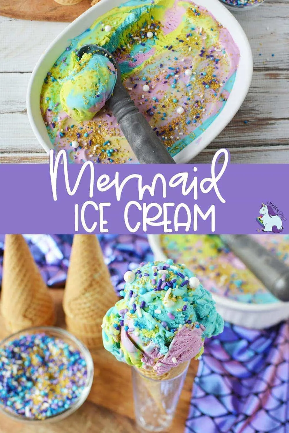 Mermaid ice cream in the dish and in a cone.