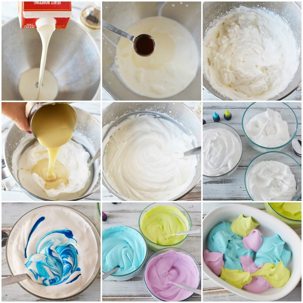 In process steps to make mermaid ice cream