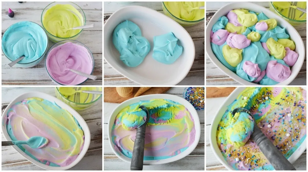 Layering ice cream colors for mermaid ice cream.