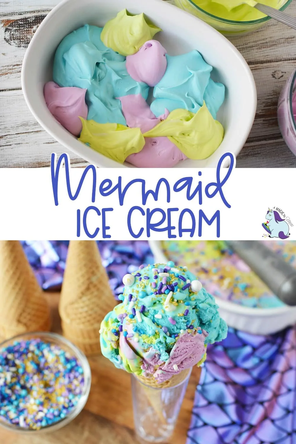 Mermaid ice cream scoops in pan and a cone