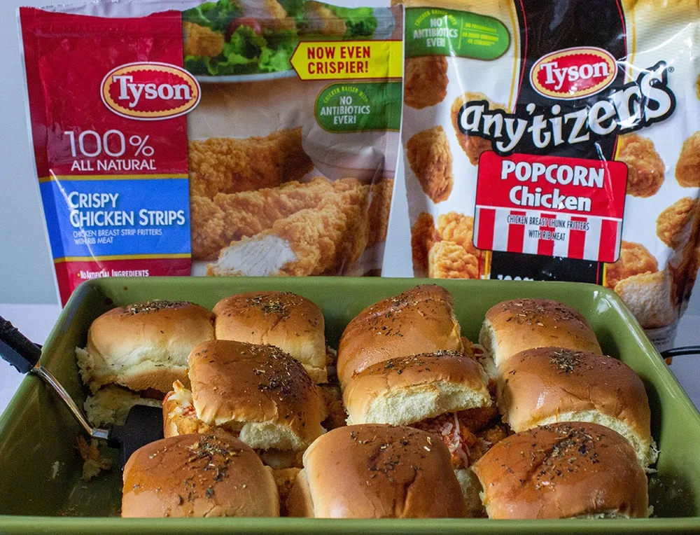 Chicken parmesan sliders in front of Tyson bags.