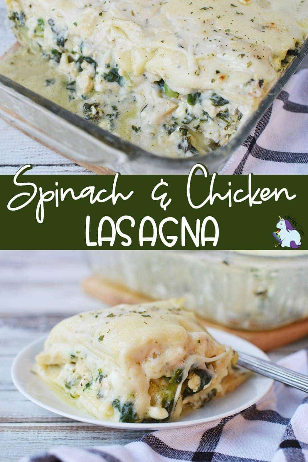 Spinach lasagna in the pan and sliced on a plate