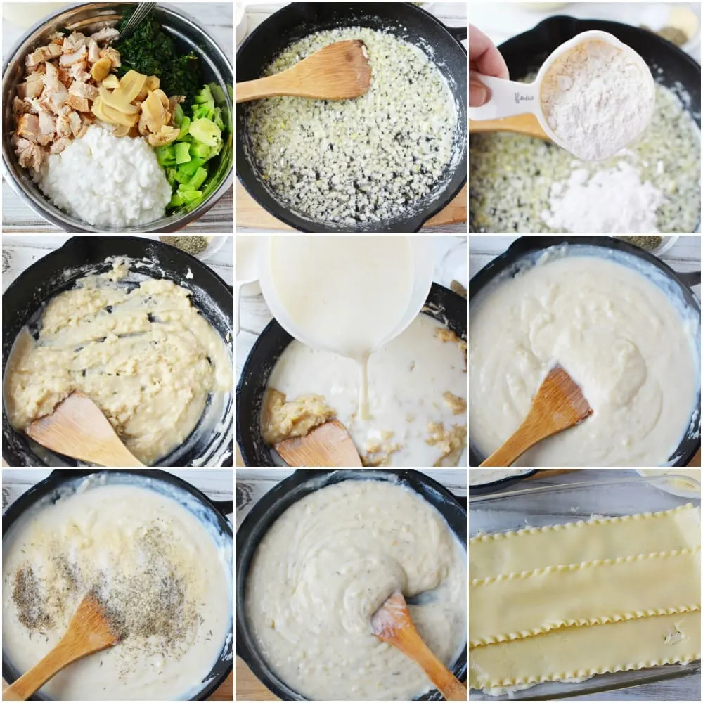 Spinach, chicken, and veggies in a pan along with a collage of other images showing the steps to make chicken lasagne. 