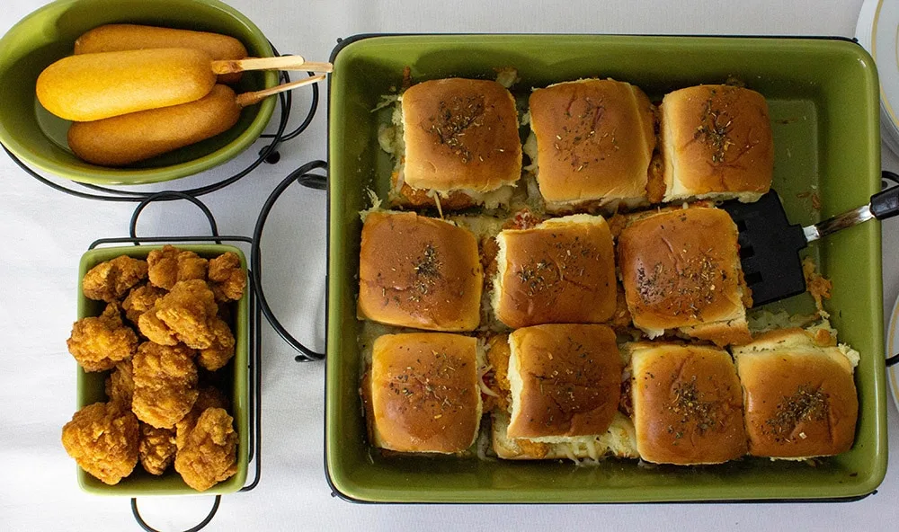 Overhead shot of game day snacks. 