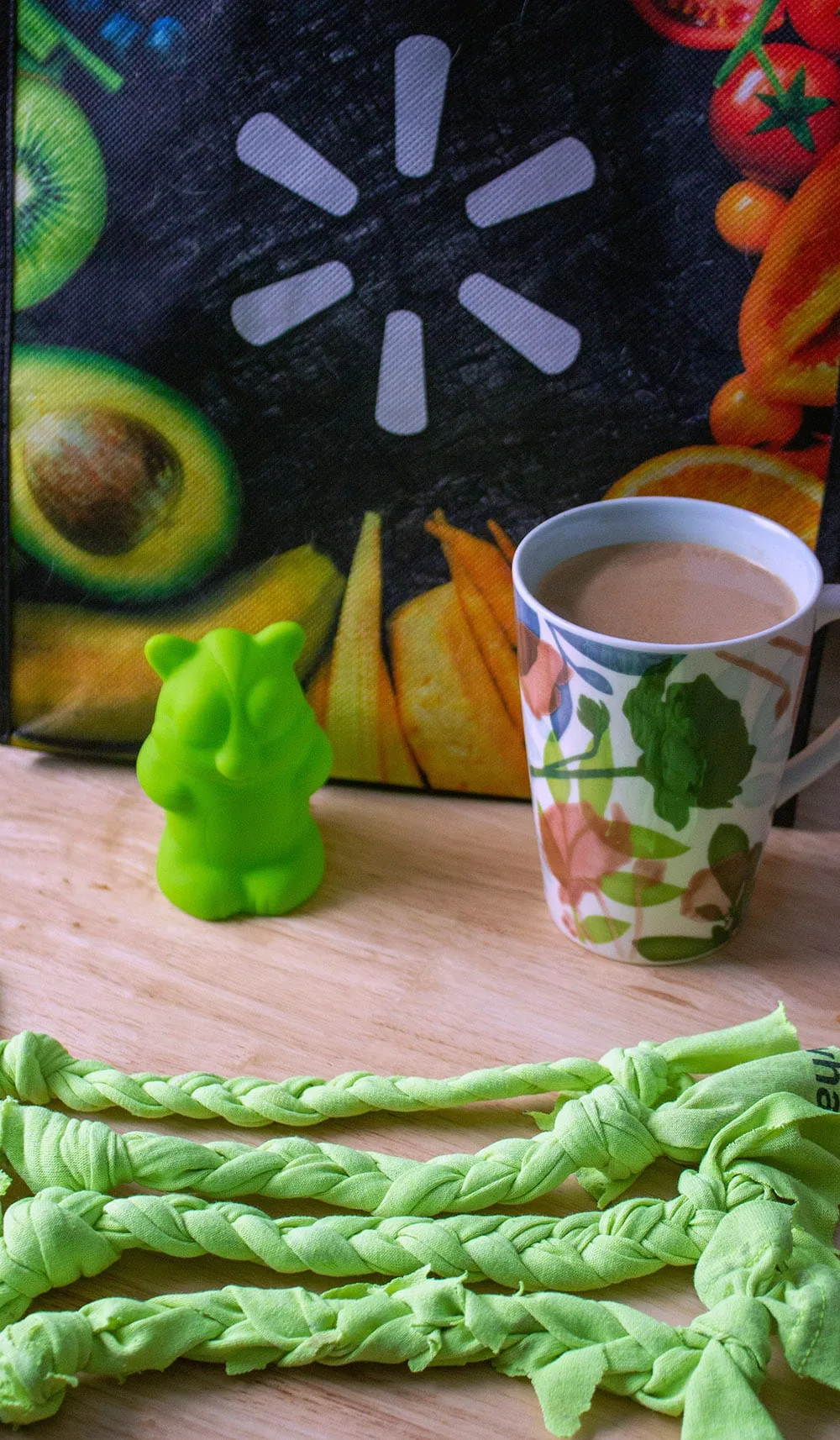 Dog toy, coffee, and Walmart bag.