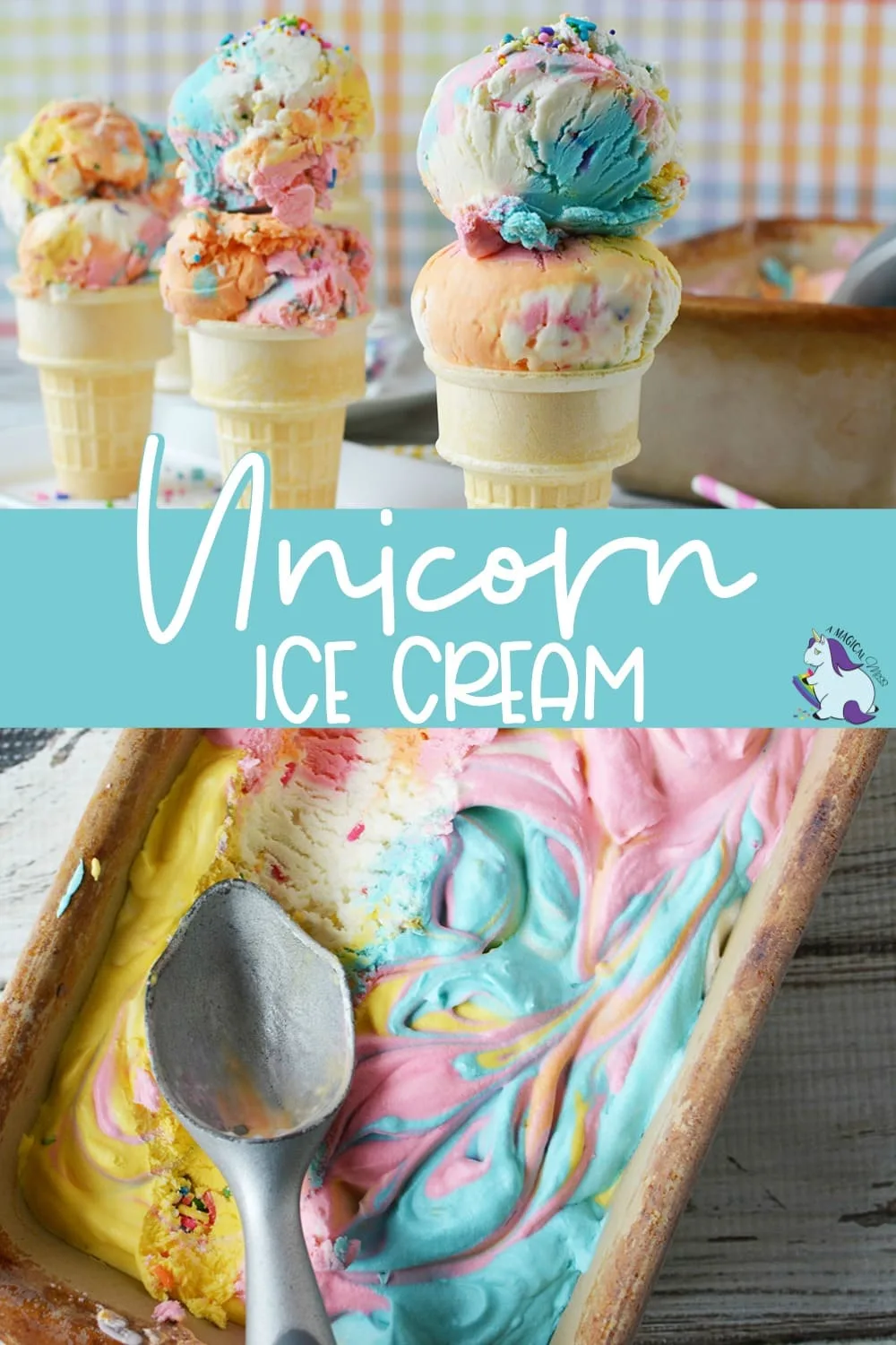 Unicorn ice cream cones lined up and pan of rainbow ice cream.