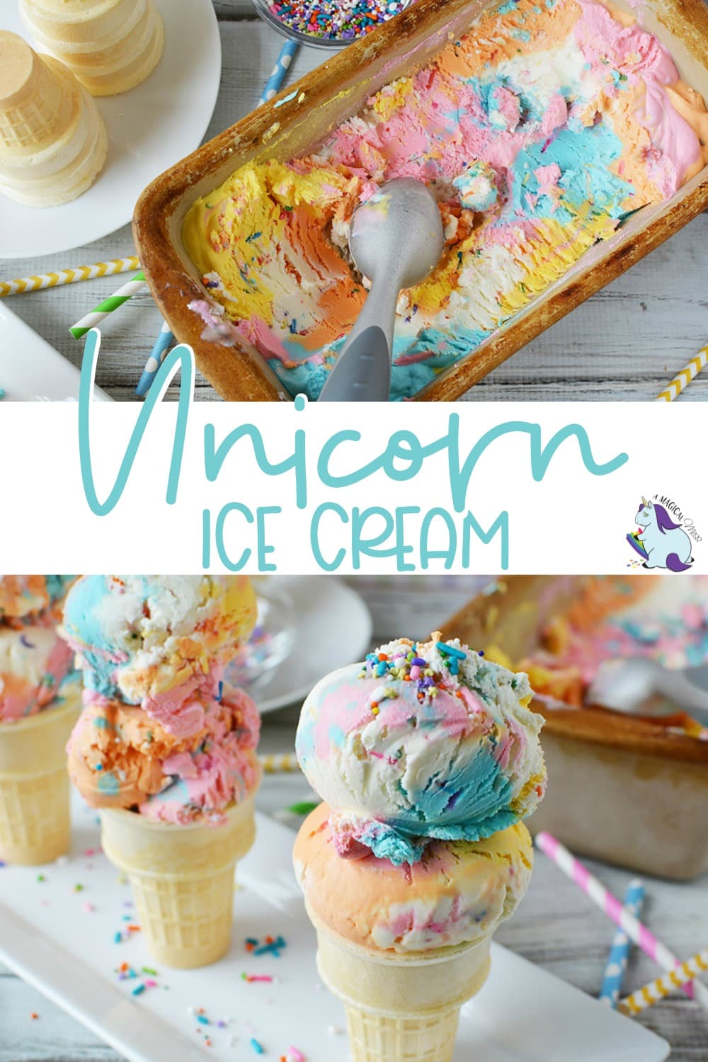Scooping rainbow colored ice cream and on cones