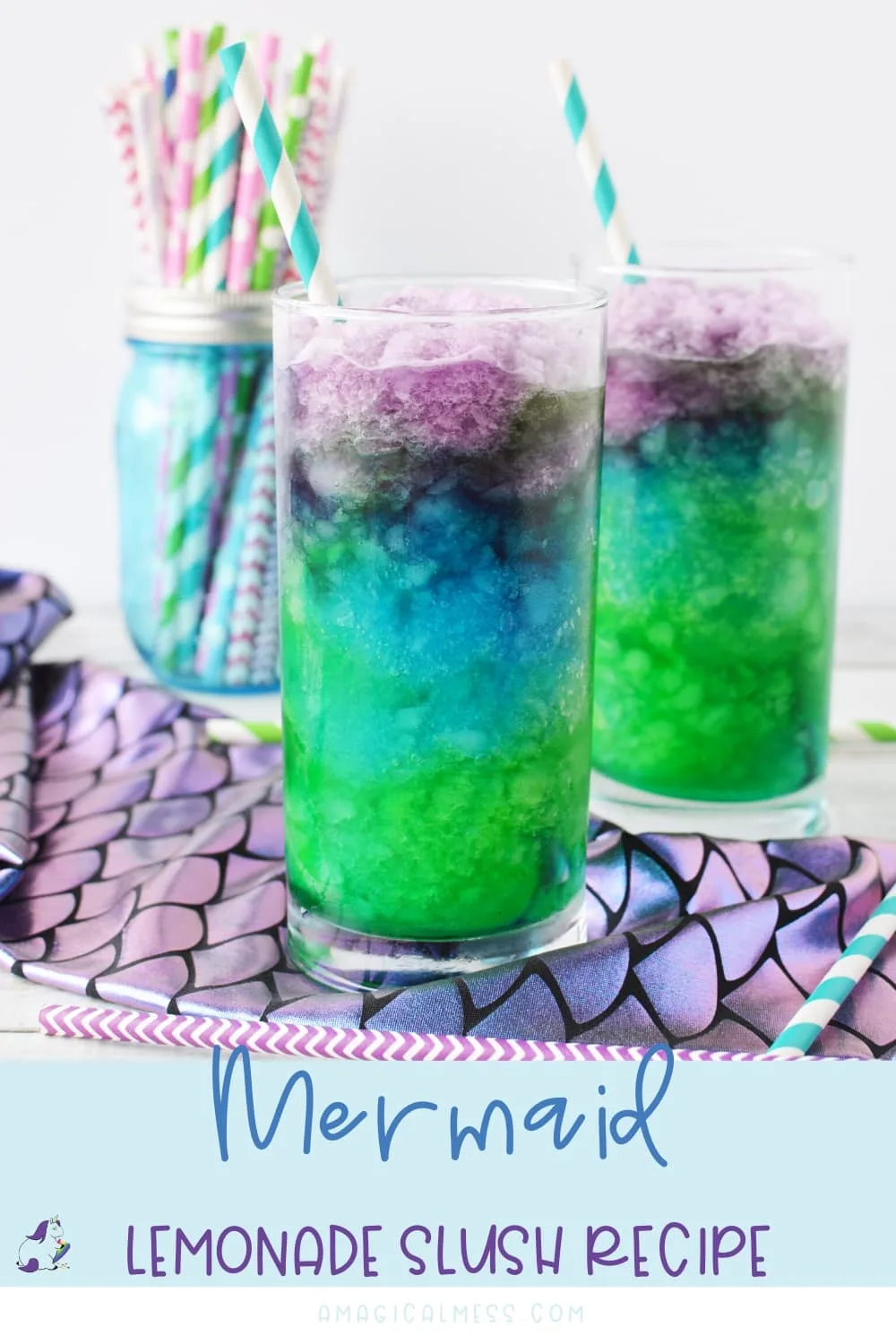Colorful layered mermaid lemonade drinks