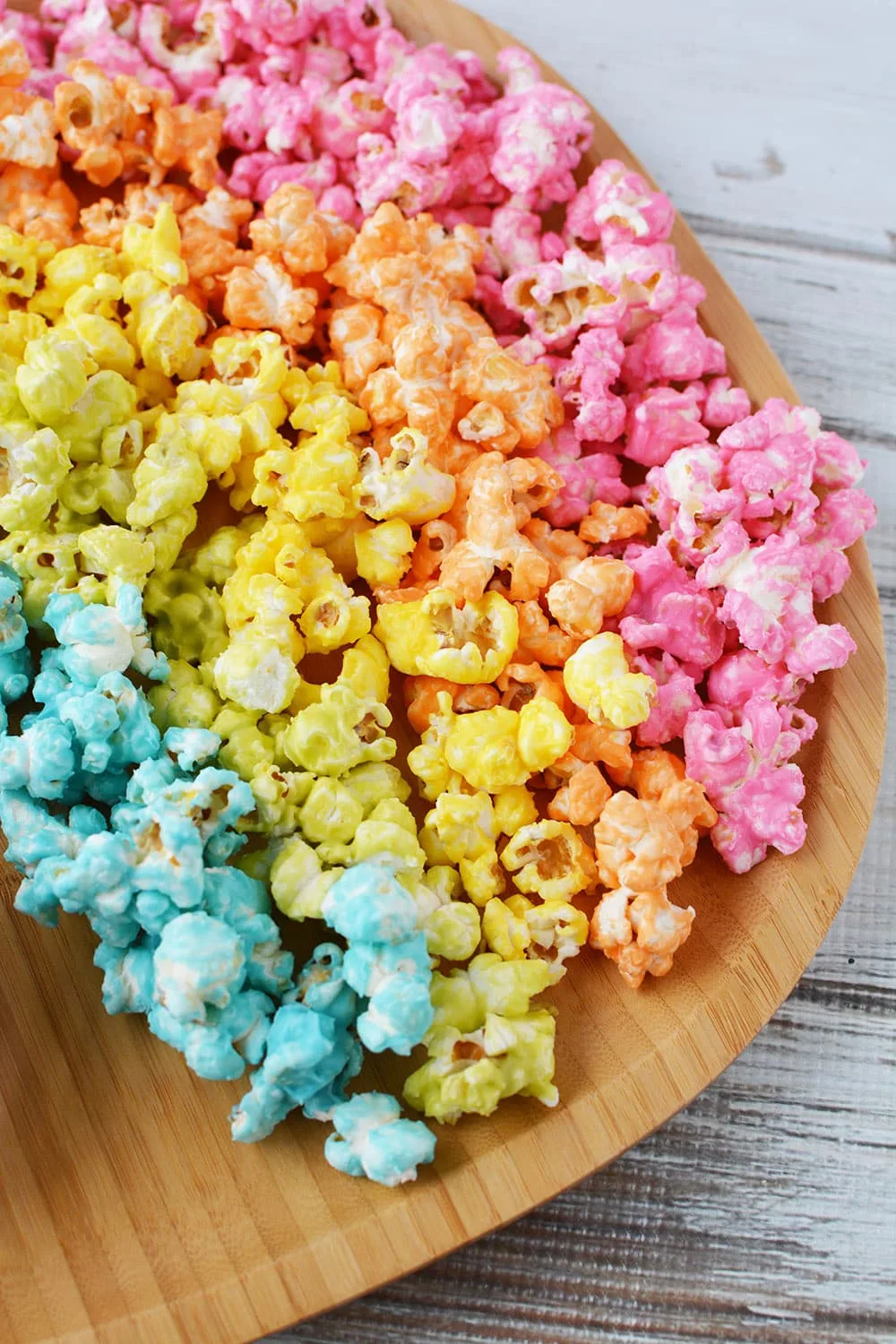 Rainbow popcorn on a serving platter.