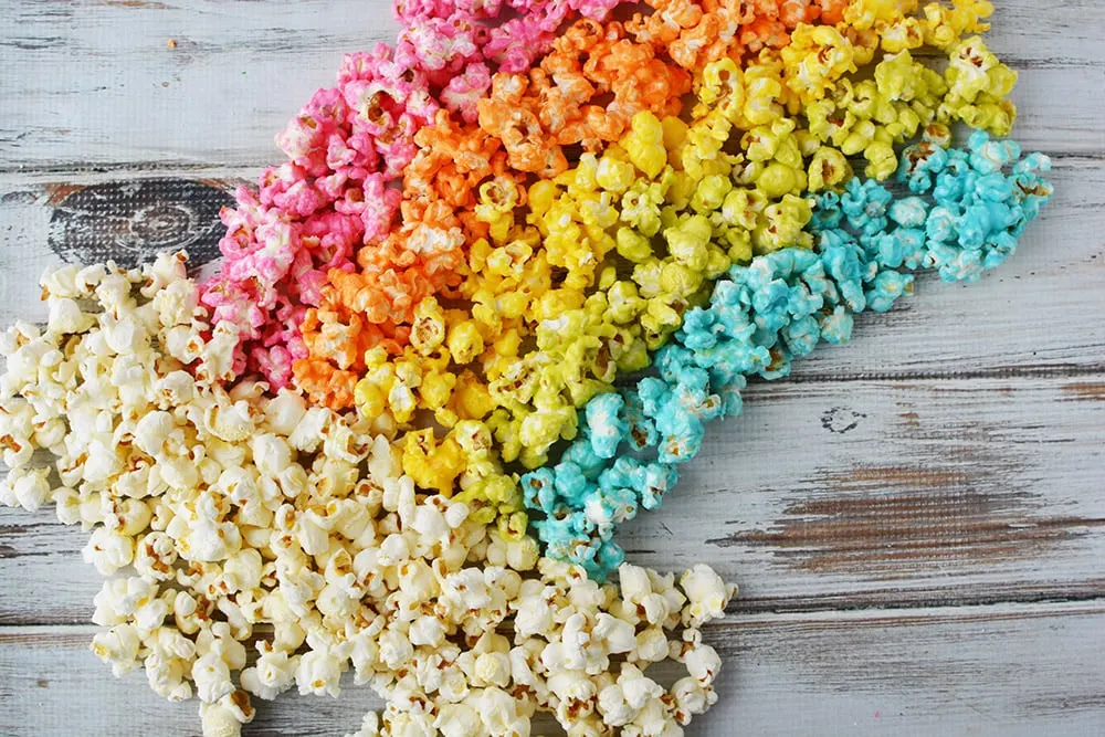 Popcorn displayed in a rainbow.