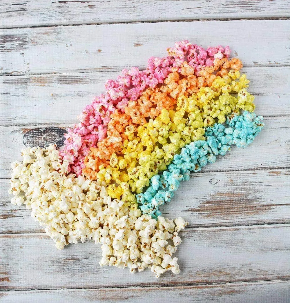 Rainbow popcorn with clouds.