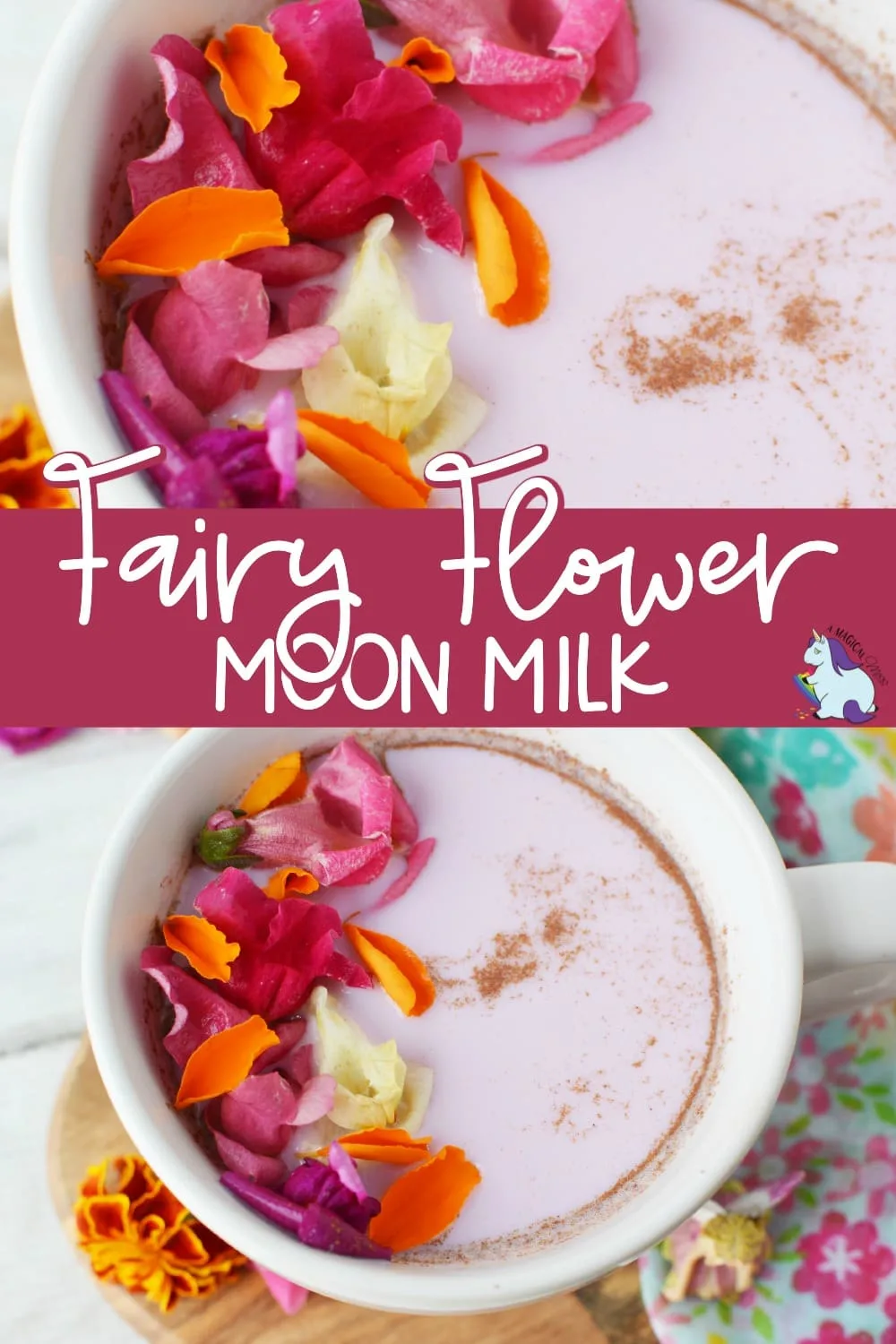 edible flowers on top of a mug of pink milk