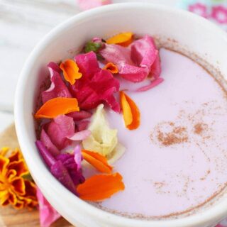 closeup of a mug filled with fairy flower moon milk