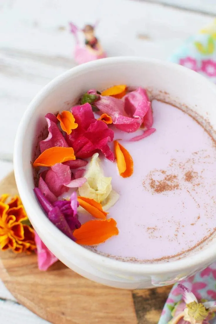 closeup of a mug filled with fairy flower moon milk