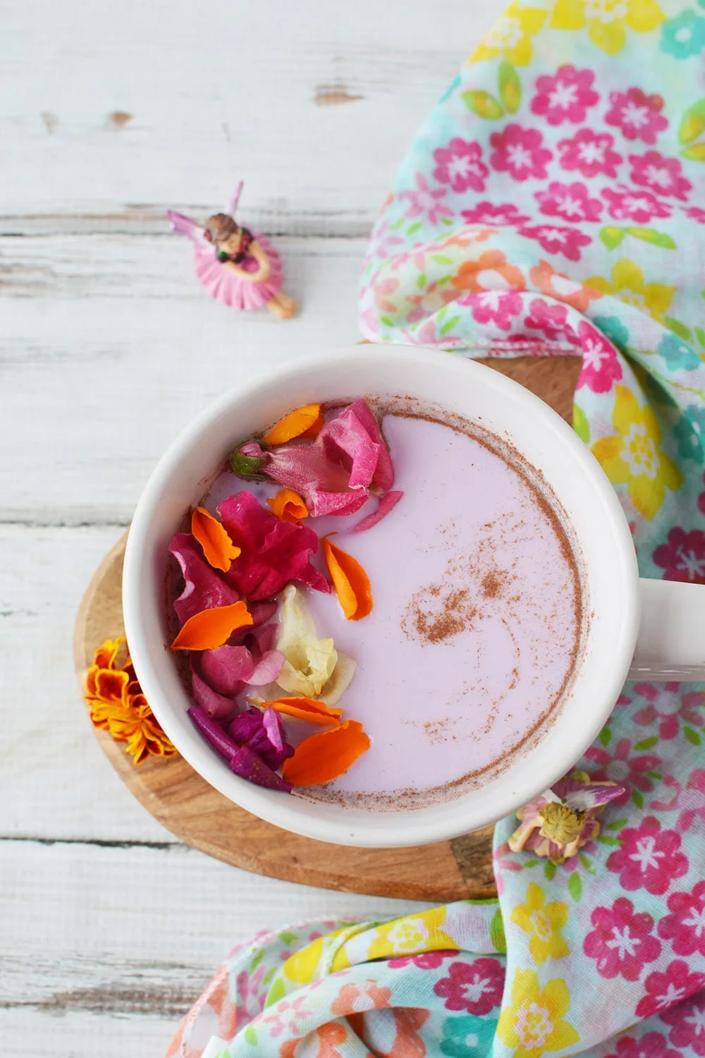 Overhead shot of flower moon milk in a mug.