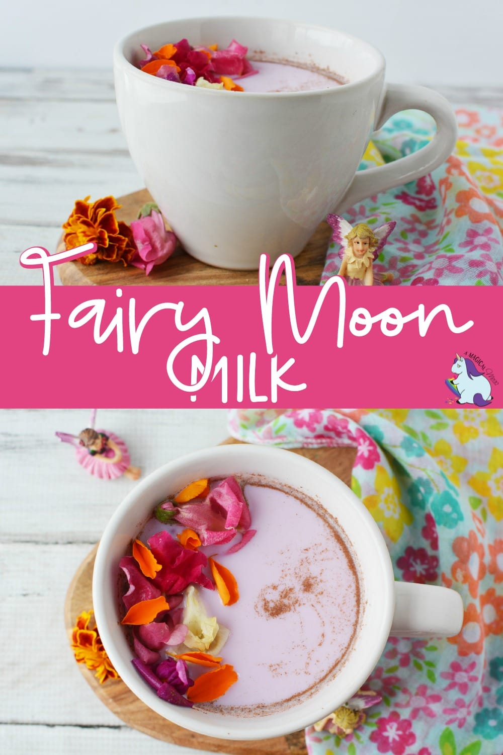 mugs of moon milk with flowers on top