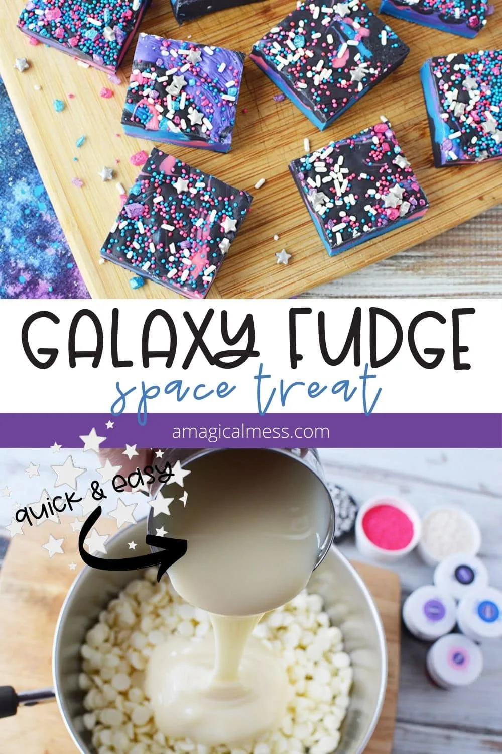 galaxy fudge on a board and pot of chips