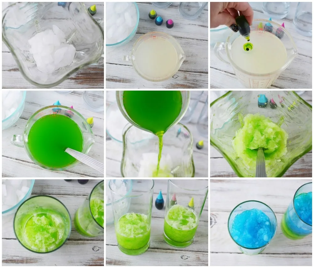 Ice in a blender, coloring lemonade green, and a collage of steps to make mermaid lemonade. 