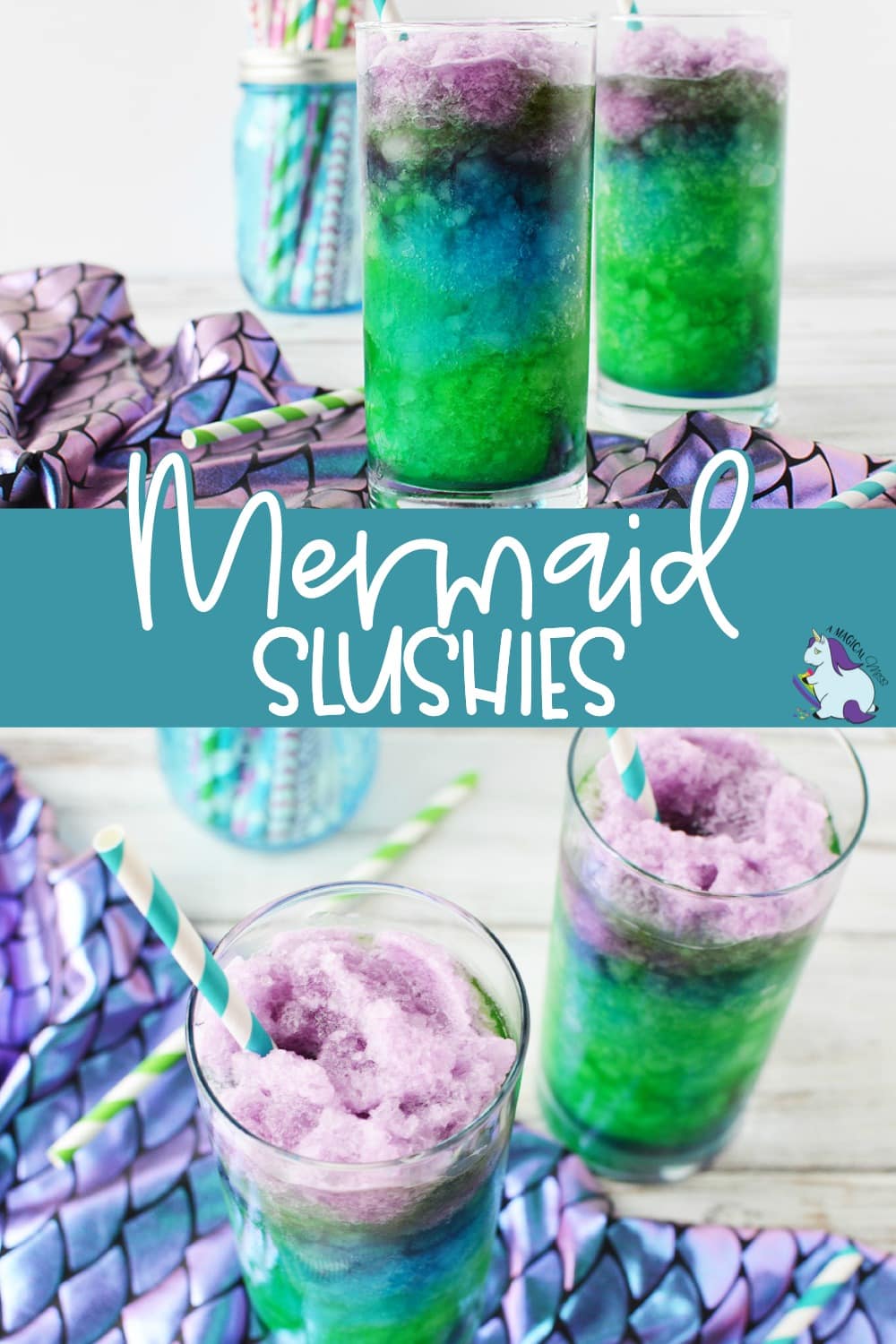 Slushy drinks layered into mermaid colors