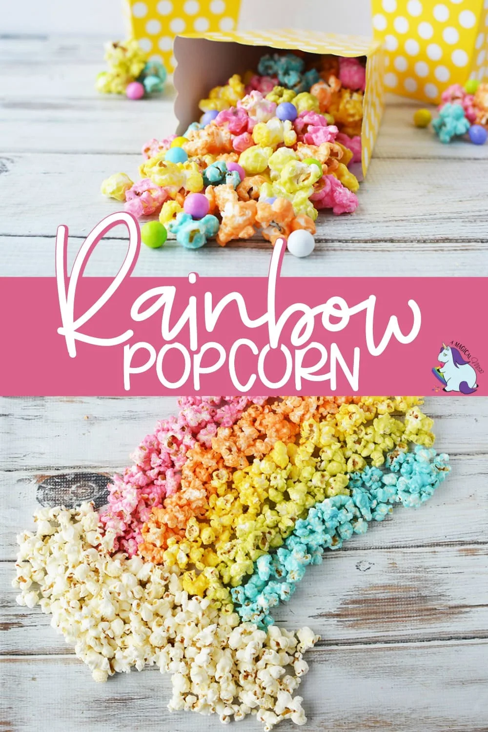 Rainbow unicorn popcorn in a box and on a board.