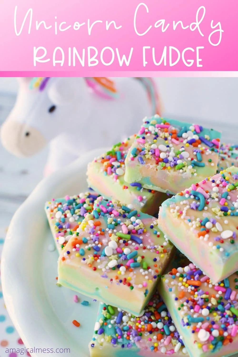 Unicorn fudge on a plate with a unicorn toy