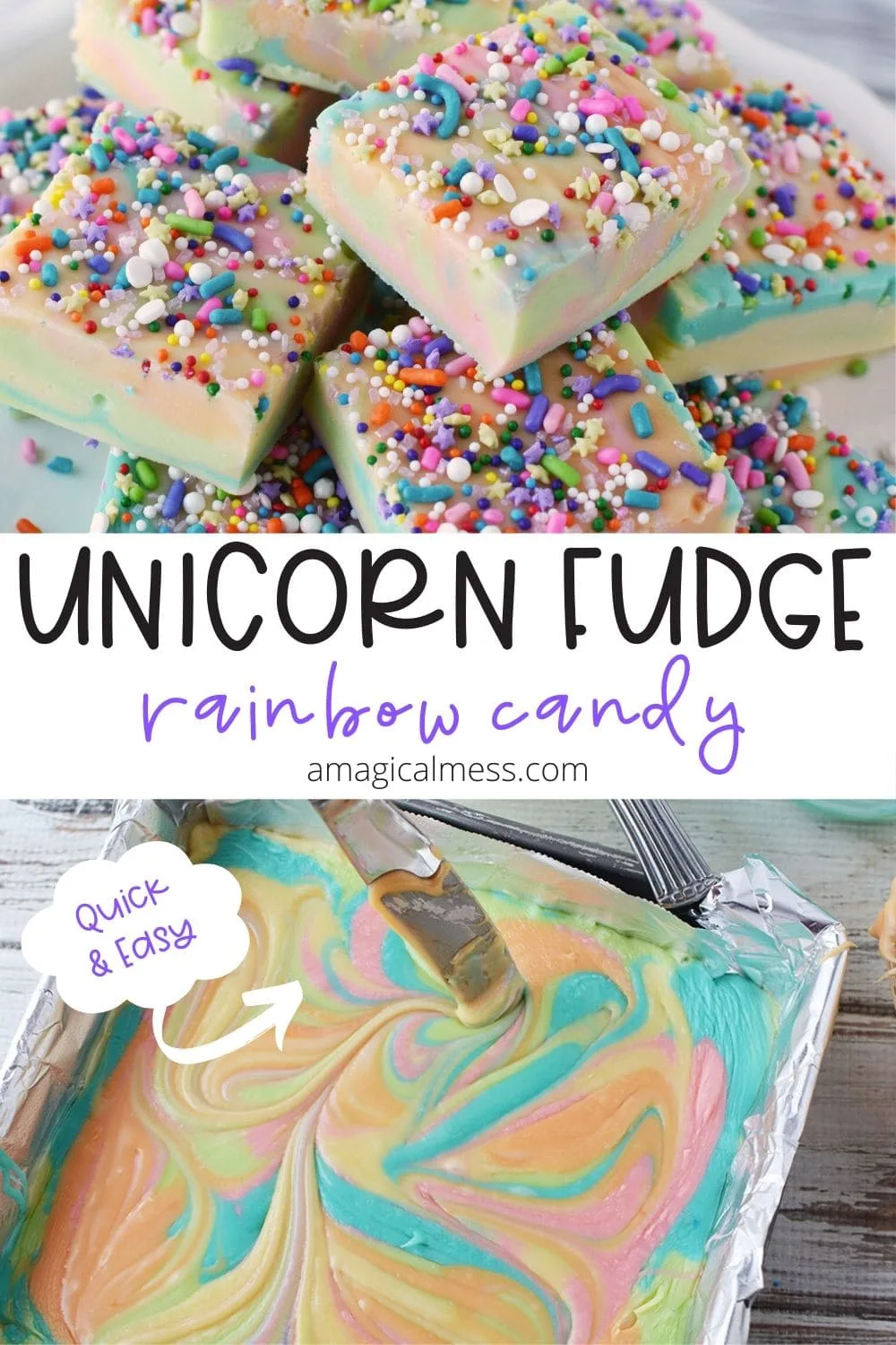unicorn rainbow fudge in a pan and sliced on a plate