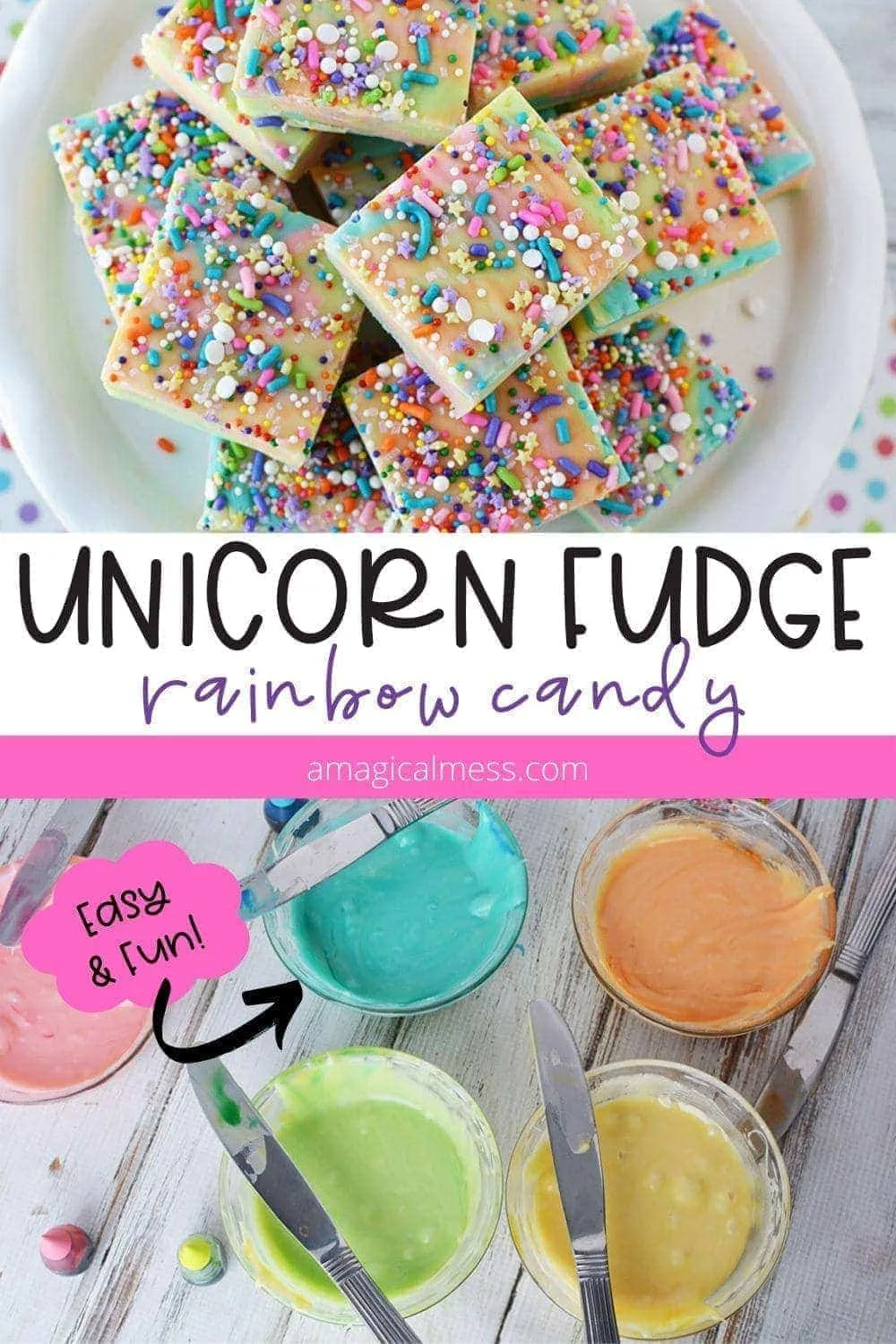 Unicorn fudge on a plate and colored in bowls