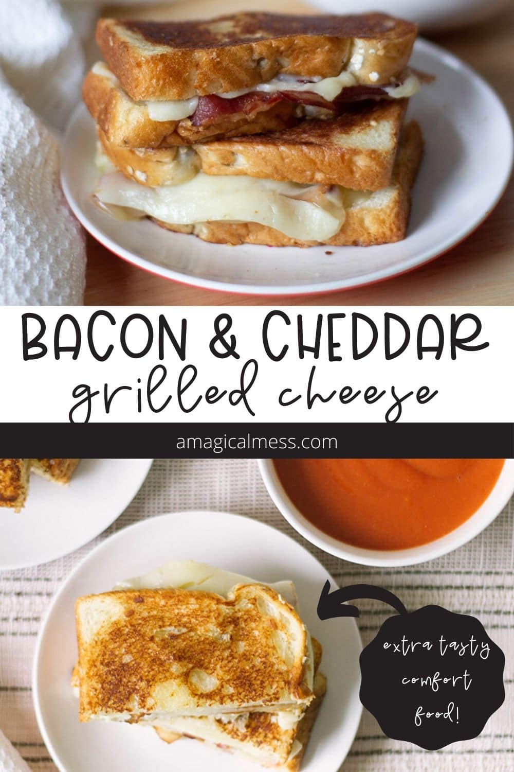 Grilled cheese with bacon a plate and next to tomato soup