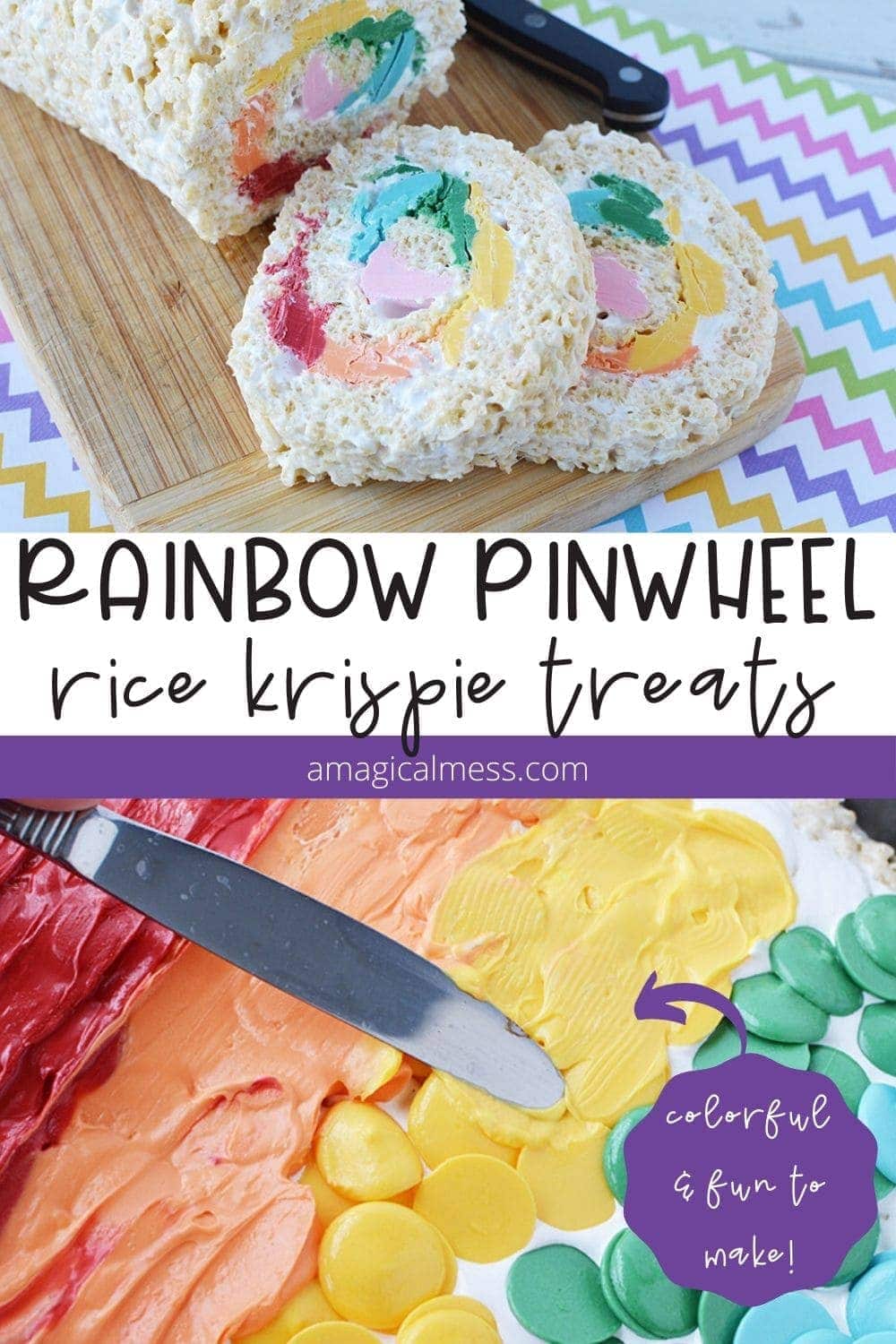Sliced rainbow rice krispie treats and melted candy melts