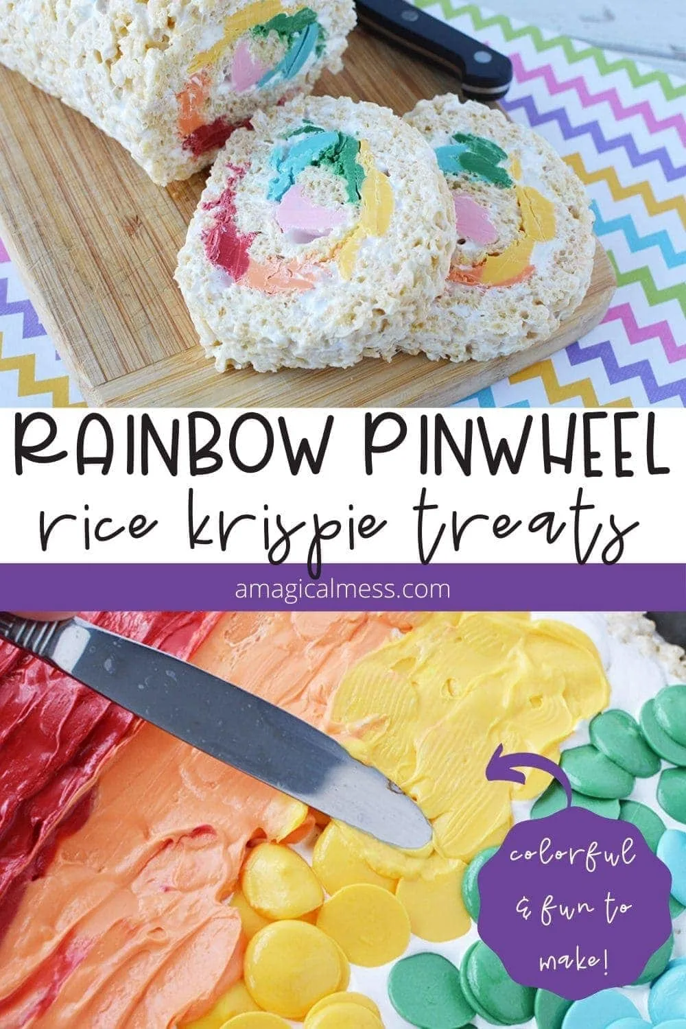 Sliced rainbow rice krispie treats and melted candy melts. 