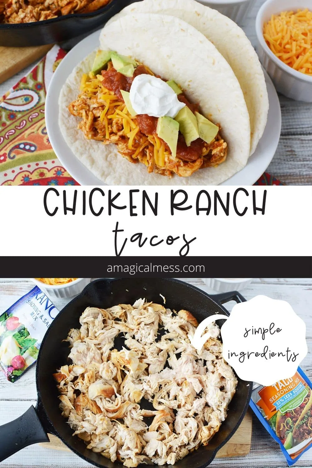 Chicken ranch tacos in a shell and in a skillet