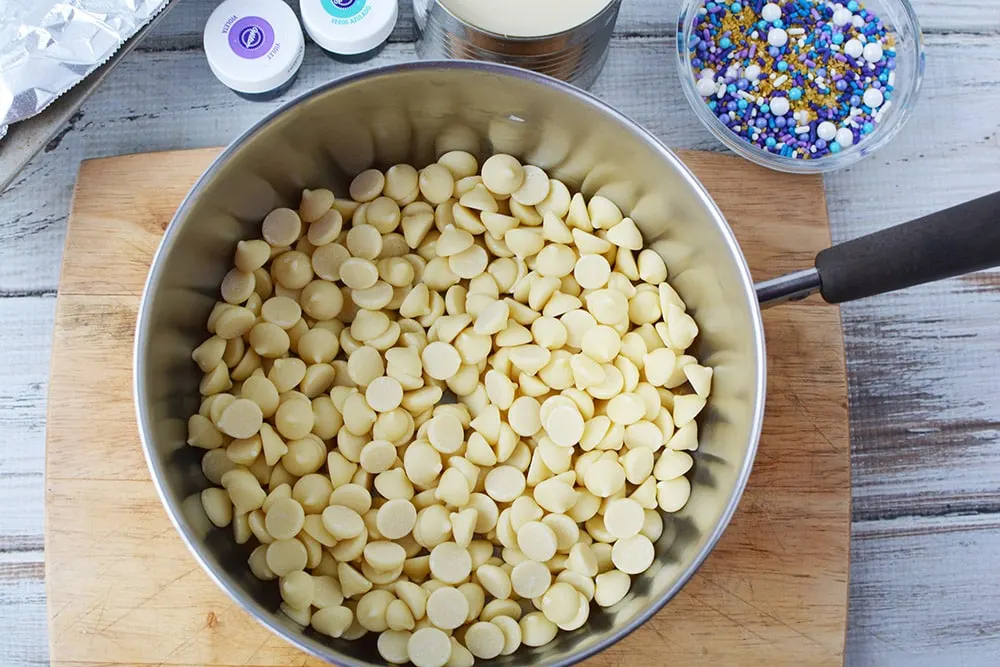 White chocolate chips in pan.