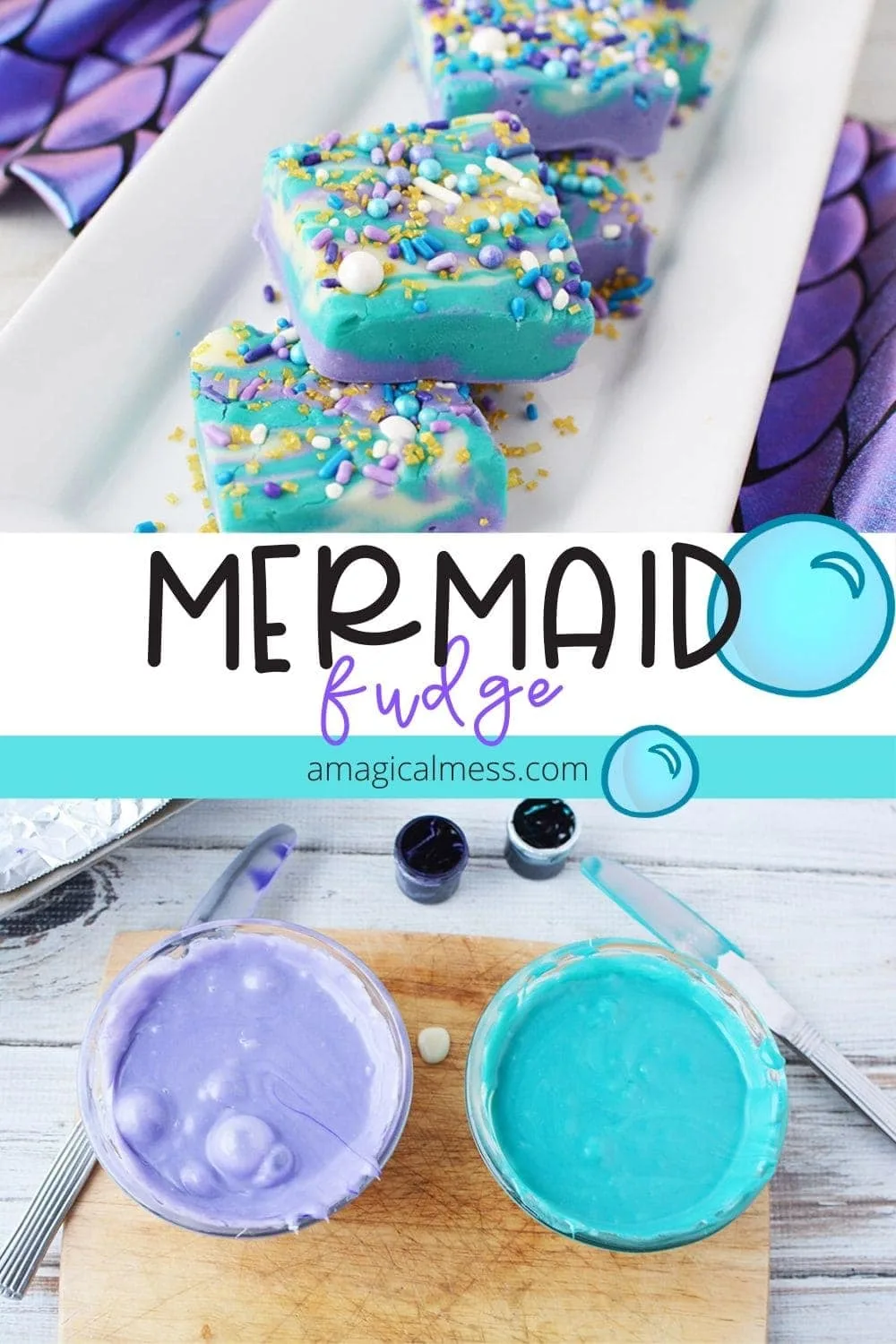 Mermaid candy in bowls and sliced fudge on plate