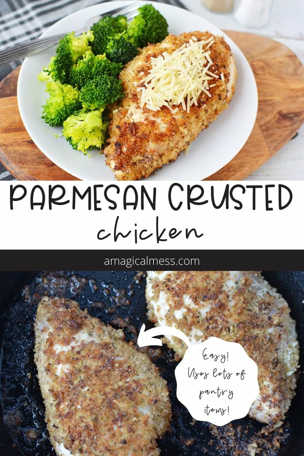 Parmesan crusted chicken on a dinner plate and in a pan