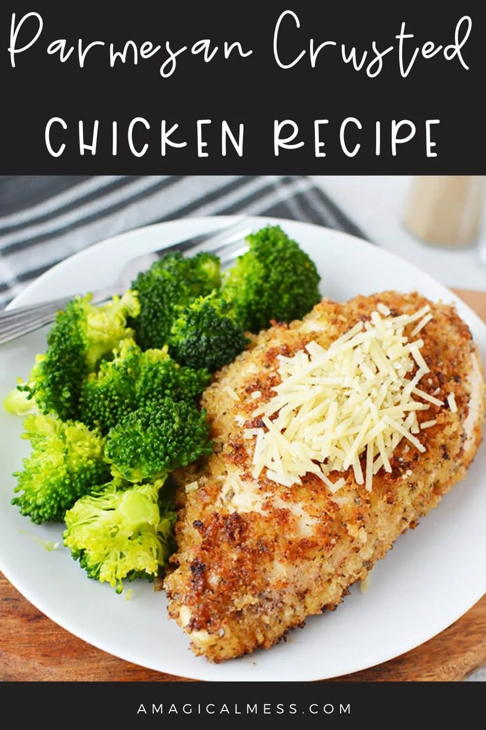 parmesan crusted chicken on a dinner plate with veggies