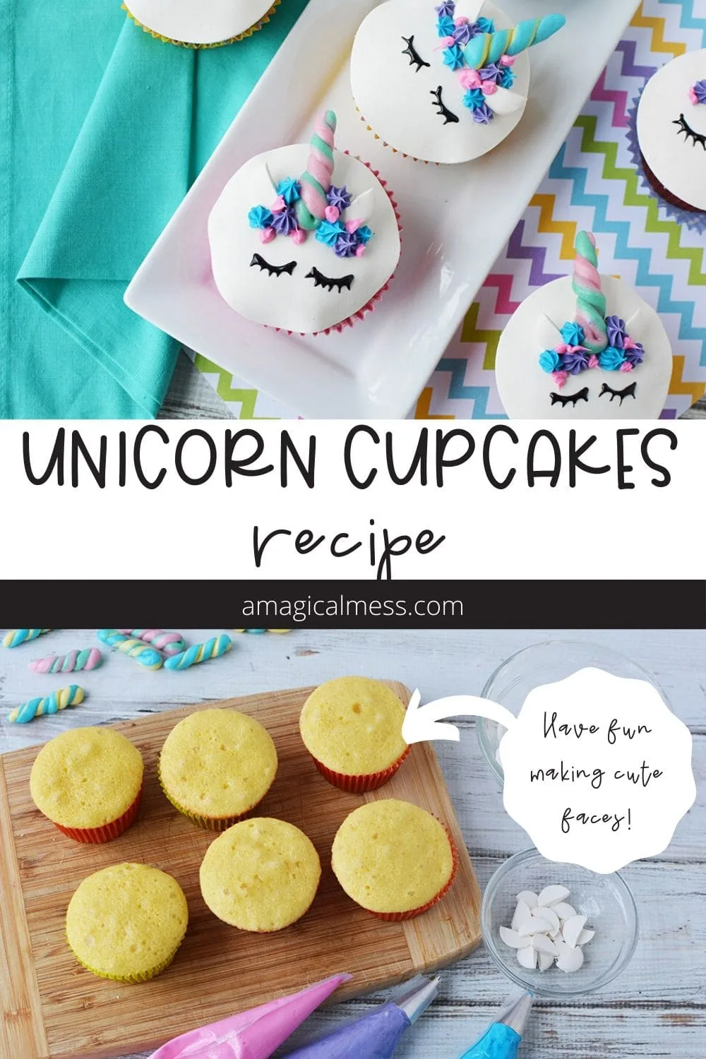 Plain cupcakes and decorated unicorn faces