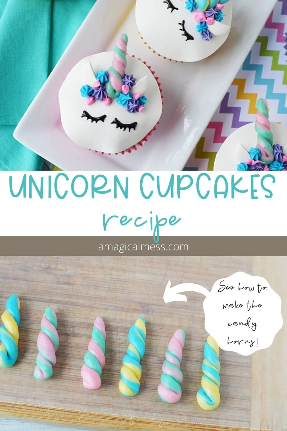 Unicorn cupcakes and candy horns.