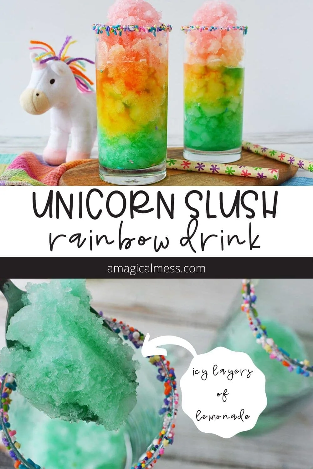 Rainbow slushies in two glasses next to a toy, and spoonful of green slush in the glass. 