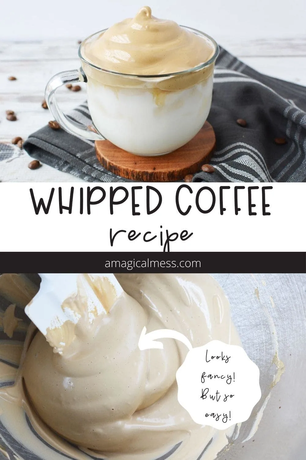 Whipped coffee in a mug and in a mixing bowl