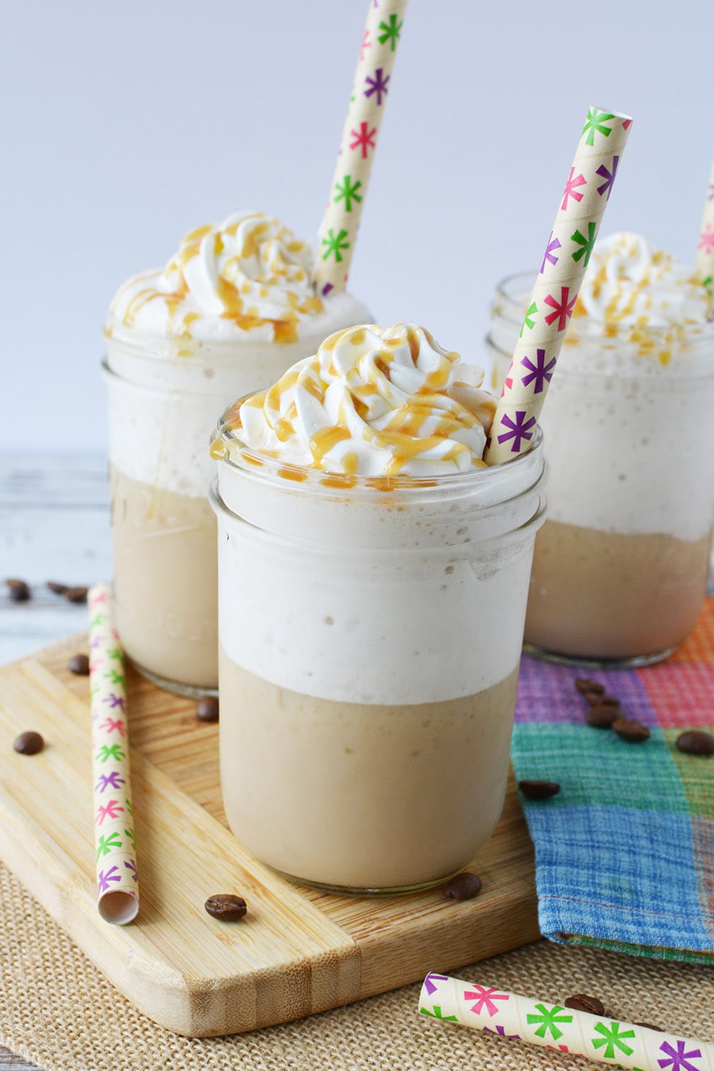 blended coffee drinks with caramel in jars