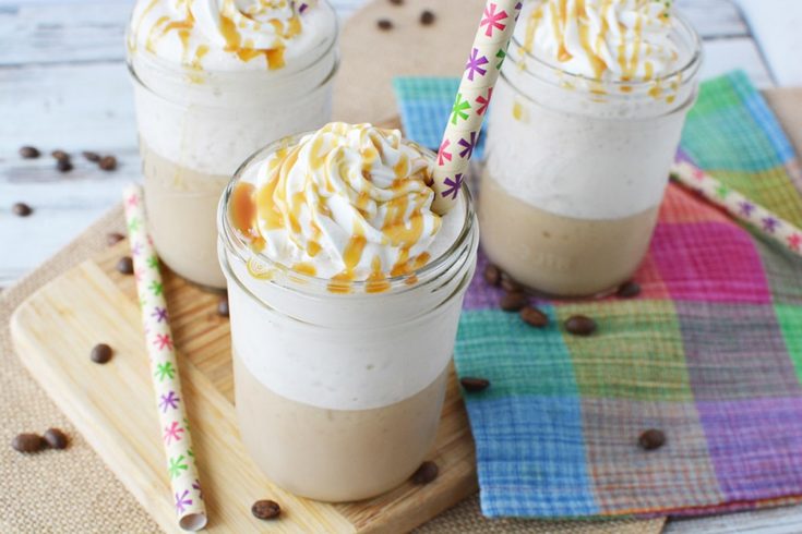 Caramel frappuccinos in glasses with straws