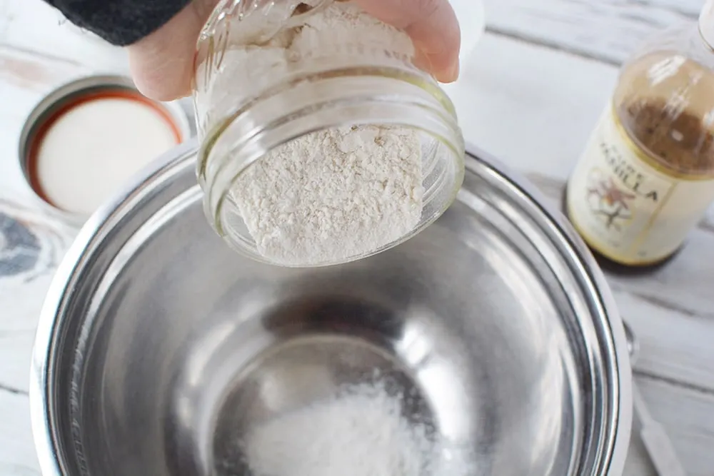 Dry pancake mix into bowl.