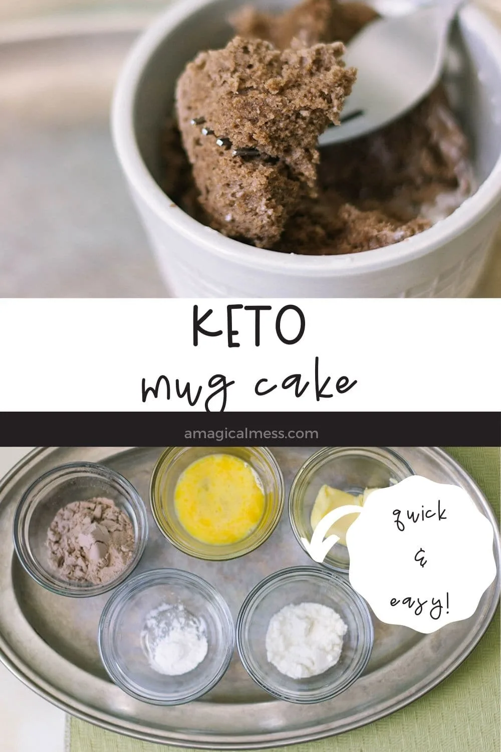 Keto chocolate mug cake on a fork and ingredients in bowls.