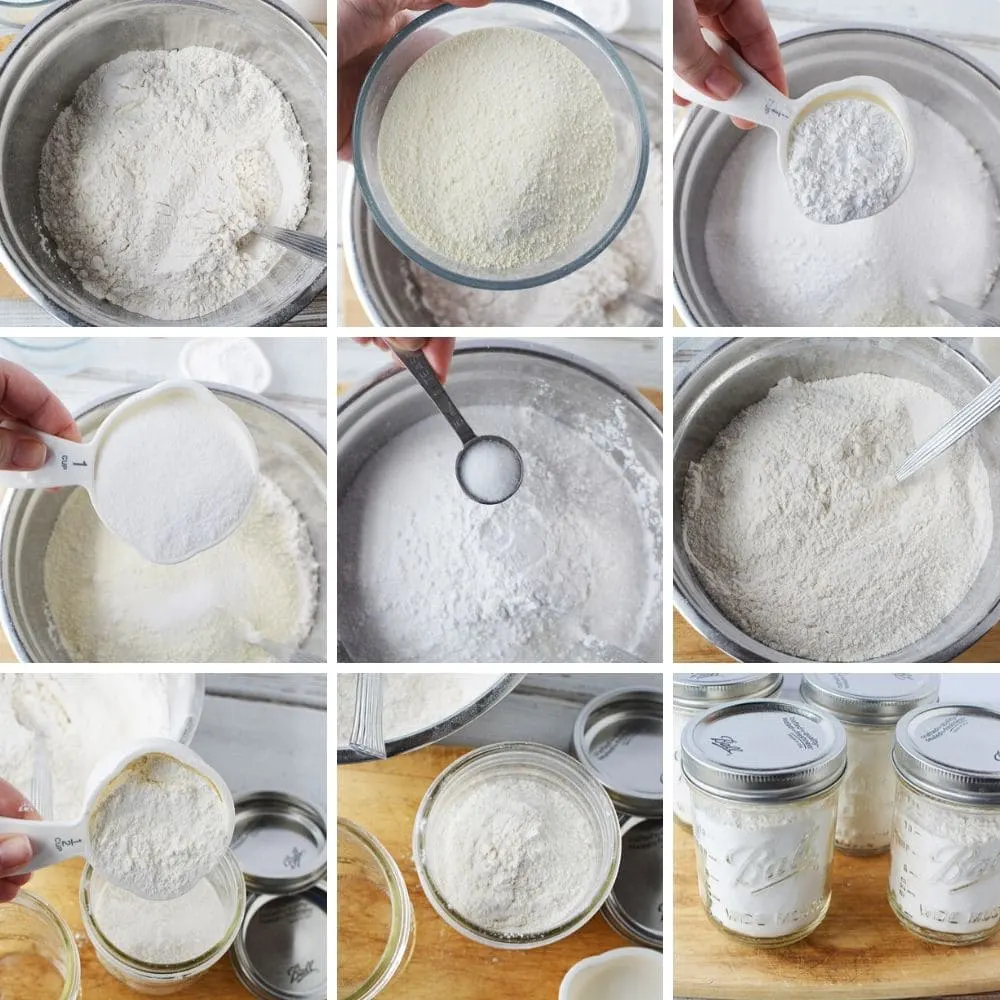 Collage of steps to make dry pancake mix.