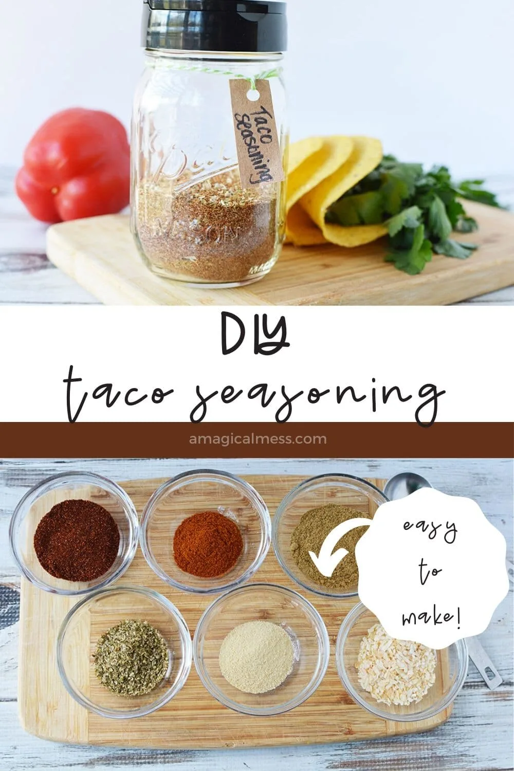 Taco seasoning in a jar and spices in little bowls.