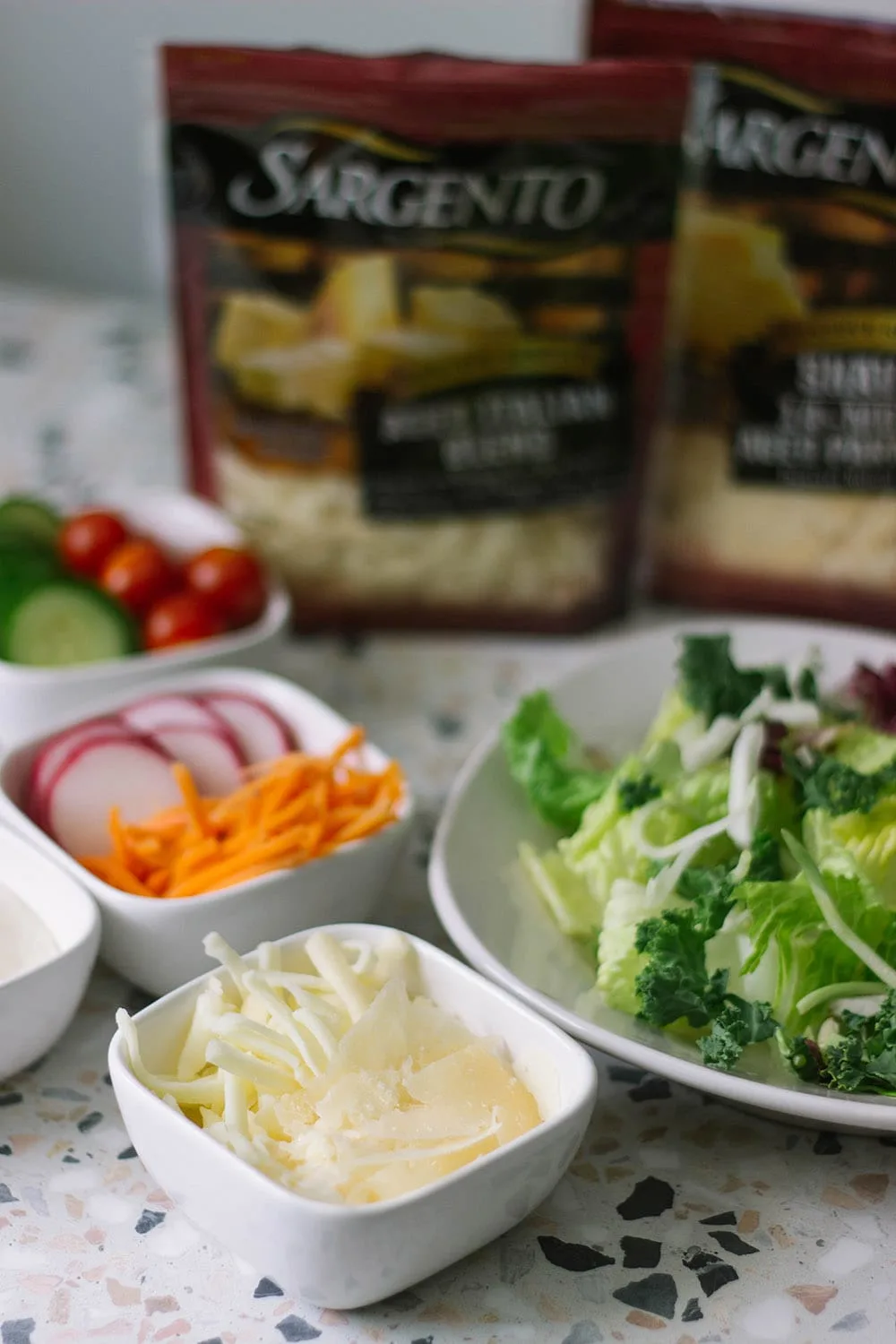 Bowls of toppings for salads.