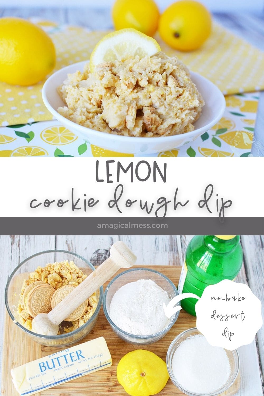 cookie dough in a bowl and lemony ingredients