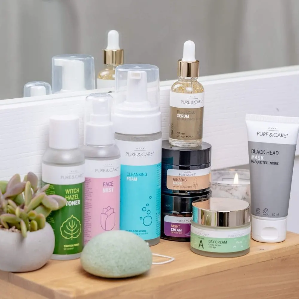 Pure & Care skin care products on a bathroom counter.